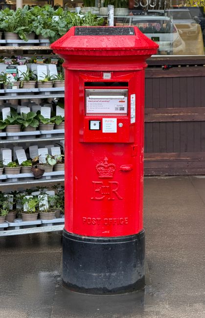 A red British post box with the iconic crown and 'ER' emblem on the front, standing outdoors on a sidewalk near a florist shop display. To the left, there are shelves filled with potted green plants a